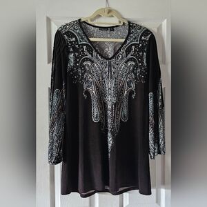 Elegant Brown and White Paisley V Neck Women's Top
